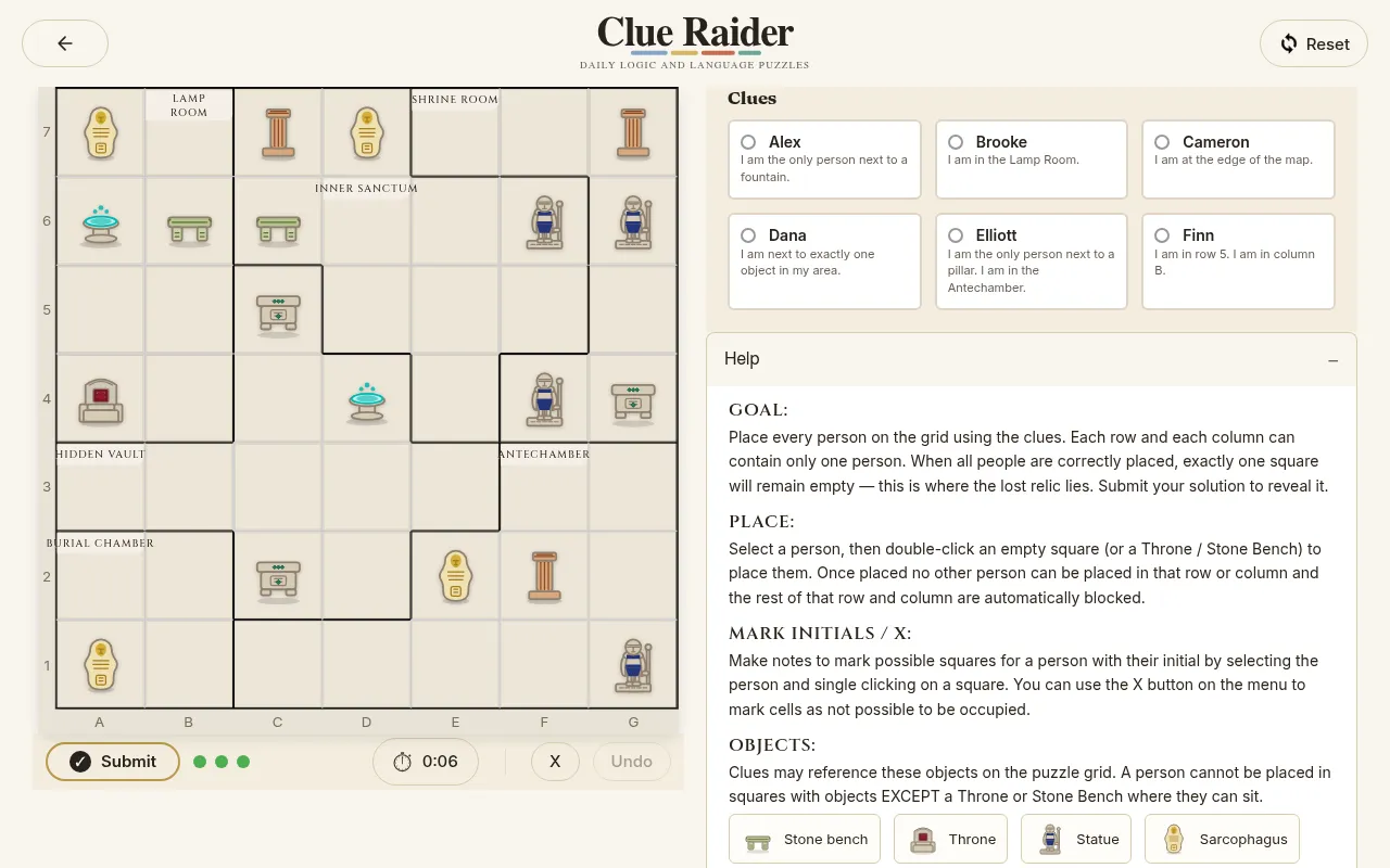 Today's Clue Raider Lost Relic board on 27 October 2026: a 7 by 7 temple map with the Lamp Room, Inner Sanctum and Antechamber, and clues for Alex, Brooke, Cameron, Dana, Elliott and Finn