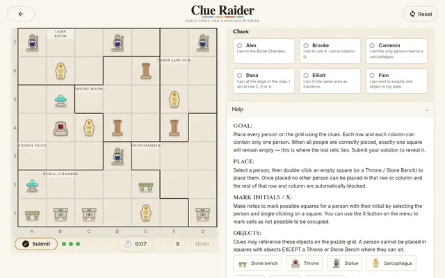 Today's Clue Raider Lost Relic board on 18 October 2026: a 7 by 7 temple map with the Burial Chamber, Shrine Room and Hidden Vault, statues, sarcophagi and benches, and six people's clues beside it