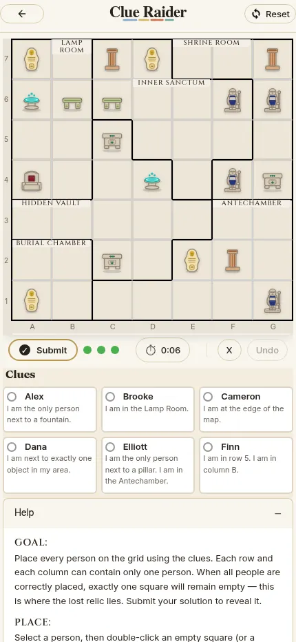 Clue Raider's Lost Relic board for 27 October 2026 at phone size, the temple map above the six clue cards