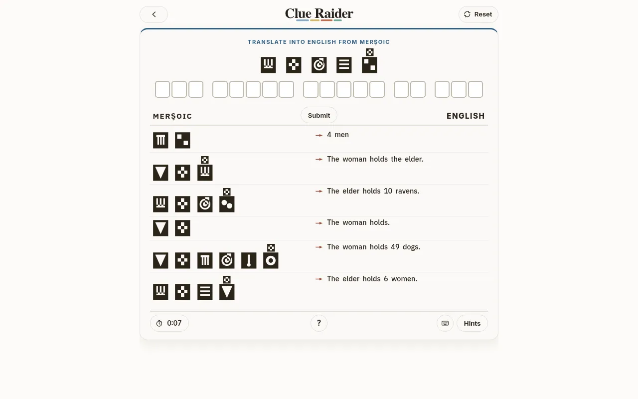 Clue Raider's Rosetta puzzle: a phrase in Mersoic glyphs to translate into English, under six example sentences with their translations