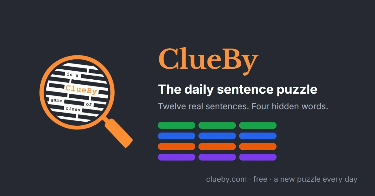 ClueBy logo, a magnifying glass over redacted text, with the line The daily sentence puzzle and four rows of coloured bars