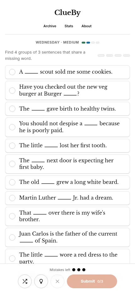 The ClueBy board on a phone screen, sentence cards stacked above the Submit bar