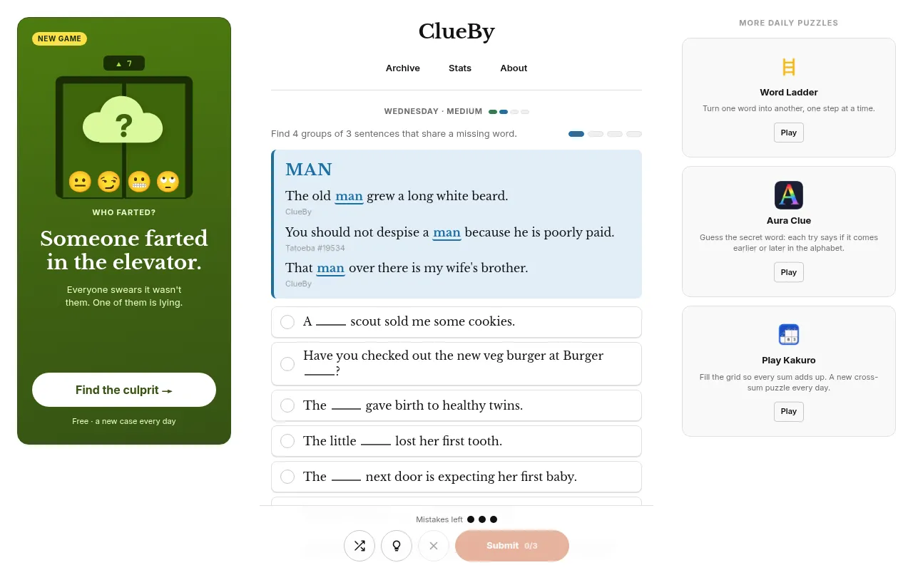 A solved ClueBy group in blue with the word man filled into three sentences and their sources