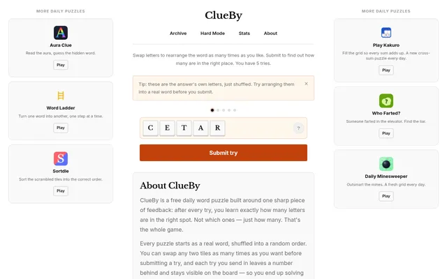 ClueBy's page for the day: the rules, a tip that the tiles are the answer's own letters, the shuffled tiles C E T A R with five try dots, and the Submit try button
