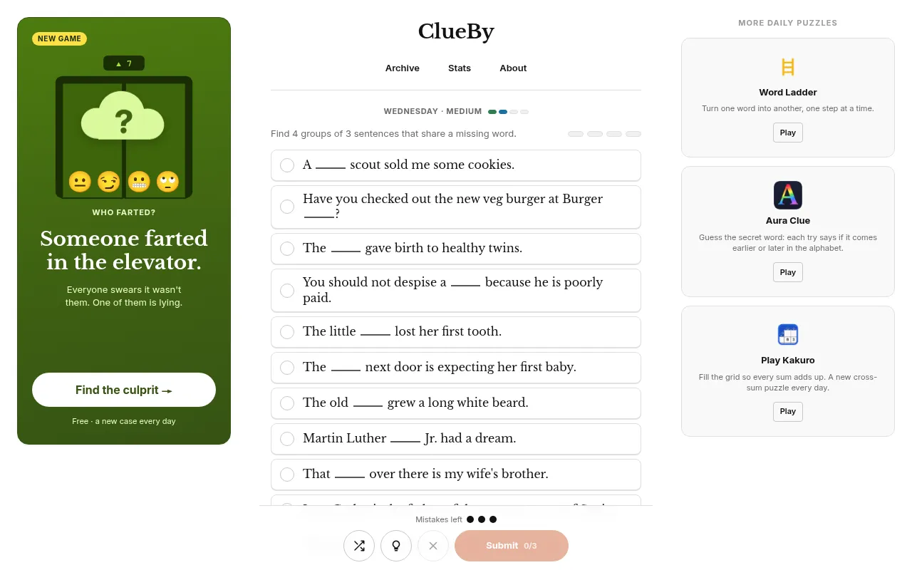 ClueBy #28 on a desktop browser: twelve sentence cards with blanks, the Mistakes left counter and the Submit button