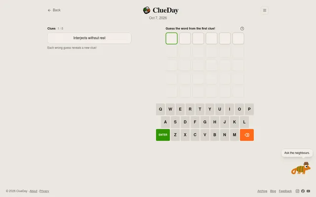ClueDay's board for 7 October 2026: the first of five clues, Interjects without rest, beside an empty six-letter, five-row guess grid and an on-screen keyboard