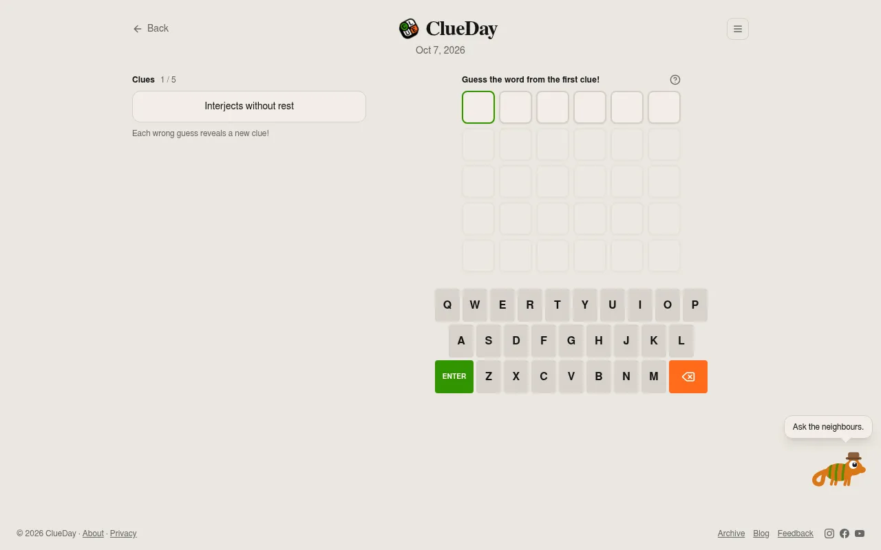 ClueDay's board for 7 October 2026: the first of five clues, Interjects without rest, beside an empty six-letter, five-row guess grid and an on-screen keyboard