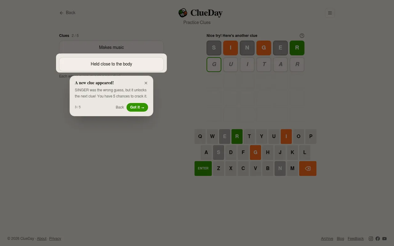 ClueDay's practice round: the guess SINGER coloured letter by letter (R green, I and G orange, the rest grey) and a second clue, Held close to the body, revealed