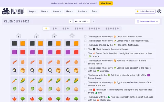 Cluemojis #1023 for Oct 19, 2026 on desktop: the very easy board of four houses with colour, breakfast, vegetable and tree emoji, and its eleven clues