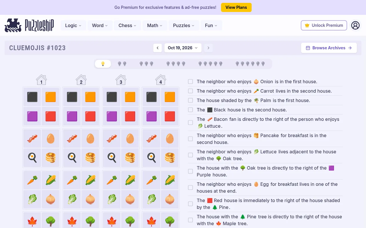 Cluemojis #1023 for Oct 19, 2026 on desktop: the very easy board of four houses with colour, breakfast, vegetable and tree emoji, and its eleven clues
