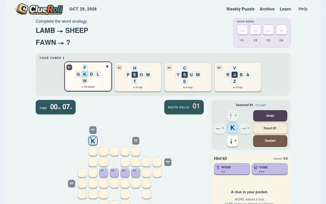 ClueRoll for Oct 29, 2026: the analogy LAMB to SHEEP, FAWN to ?, four letter cubes in the tray, one cube placed on the board after a roll, and the roll pad