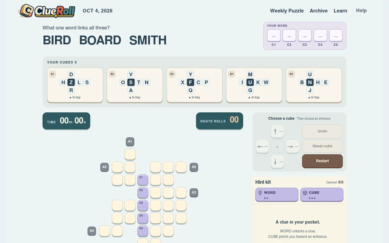 ClueRoll for Oct 4, 2026: find the word linking Bird, Board and Smith by rolling five letter cubes through a grid into the five answer slots, with the timer, route rolls and hint kit