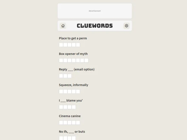The ClueWords daily puzzle on Word Nerd: a column of short crossword-style clues, each with a row of empty letter boxes for the answer