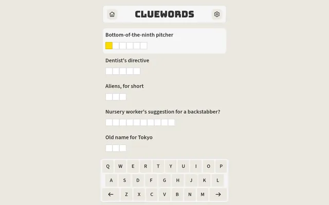 Today's Cluewords board on desktop: clues such as Bottom-of-the-ninth pitcher and Old name for Tokyo, each over a row of empty letter boxes, above an on-screen keyboard