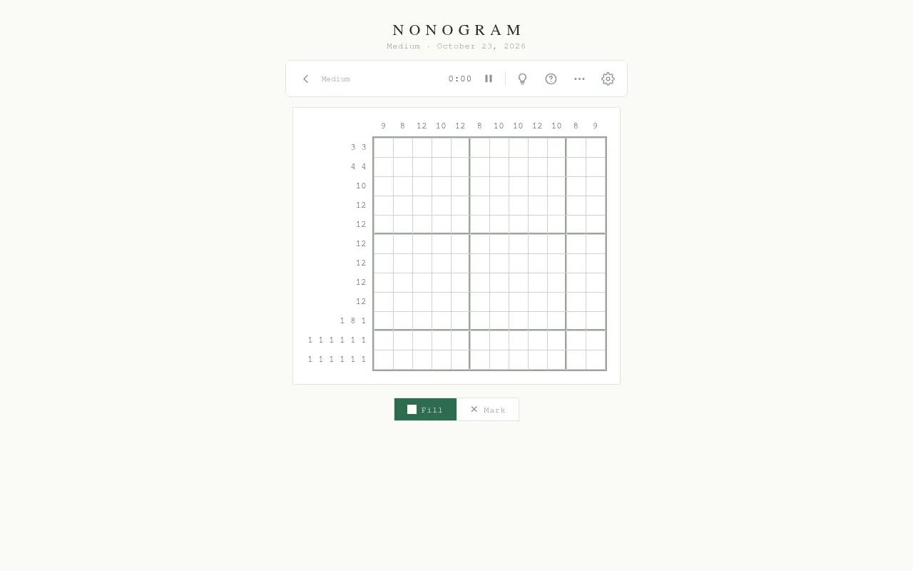 Cluewright's Medium Nonogram for October 23, 2026: an empty 12x12 grid with row and column number clues and Fill and Mark buttons