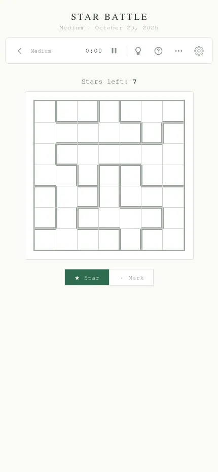 Cluewright's Medium Star Battle for October 23, 2026 on a phone: a 7x7 grid split into regions, seven stars left to place