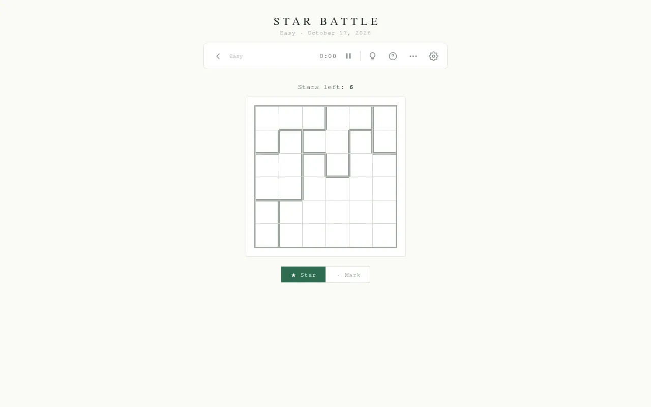 Cluewright's Easy Star Battle for October 17, 2026, an empty 6x6 grid split into regions with six stars to place