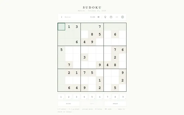 Cluewright's Medium Sudoku for October 23, 2026: a 9x9 grid with its givens, a number pad, Notes, Undo and Erase