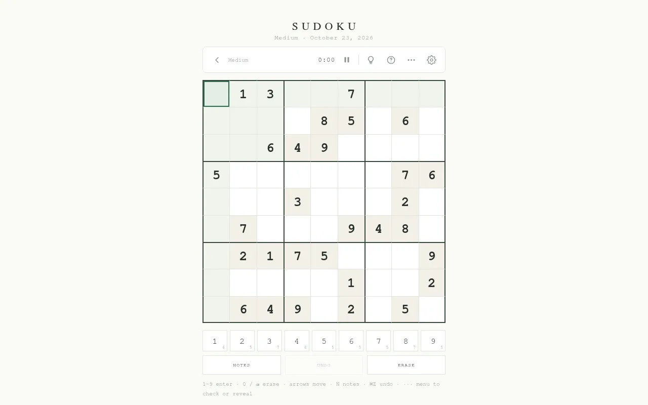 Cluewright's Medium Sudoku for October 23, 2026: a 9x9 grid with its givens, a number pad, Notes, Undo and Erase