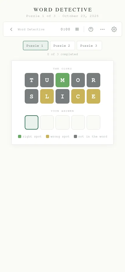 Cluewright's Word Detective puzzle 1 for October 23, 2026 on a phone: two coloured clue words and five empty boxes for the answer