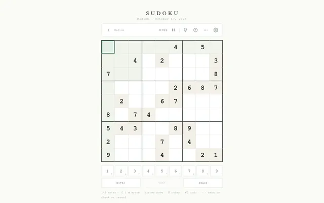 Cluewright's Medium Sudoku for October 17, 2026, a 9x9 grid with its number pad, Notes and Erase buttons