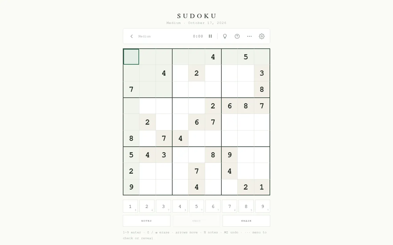 Cluewright's Medium Sudoku for October 17, 2026, a 9x9 grid with its number pad, Notes and Erase buttons