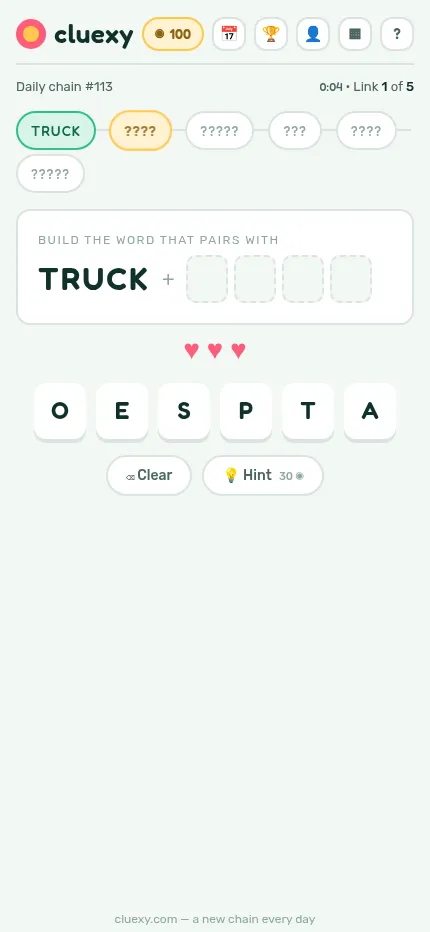 Cluexy chain #113 at phone size: the TRUCK clue with four empty squares, three hearts and six letter tiles in one column