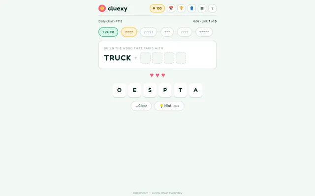 Cluexy Daily chain #113 on 21 October 2026: the chain row starting from TRUCK, the prompt Build the word that pairs with TRUCK with four empty squares, three hearts and tiles O E S P T A
