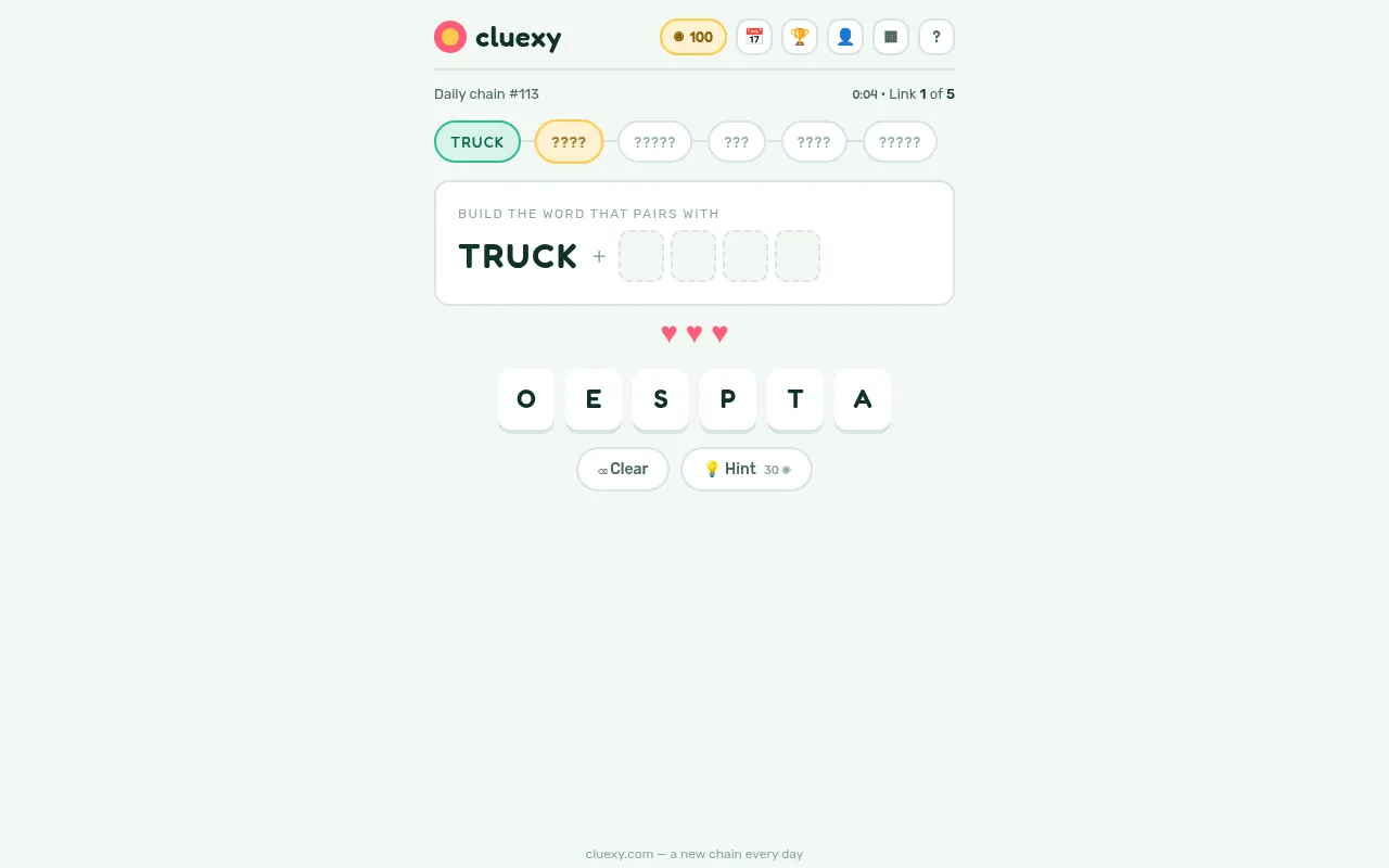 Cluexy Daily chain #113 on 21 October 2026: the chain row starting from TRUCK, the prompt Build the word that pairs with TRUCK with four empty squares, three hearts and tiles O E S P T A