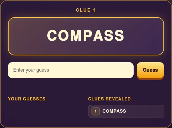 Clume's board with its first clue, COMPASS, on the clue card above the guess box and the lists of guesses and clues revealed