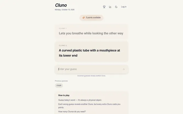 Cluno for Monday, October 19, 2026 on a desktop: the first two clues shown after a wrong guess, mask, with 3 points still available