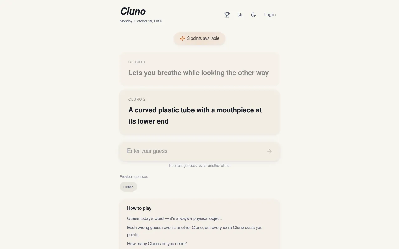 Cluno for Monday, October 19, 2026 on a desktop: the first two clues shown after a wrong guess, mask, with 3 points still available