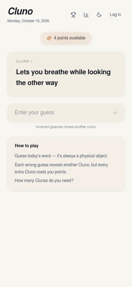 Cluno on a phone for October 19, 2026: the first clue, Lets you breathe while looking the other way, the guess box and the how-to-play card