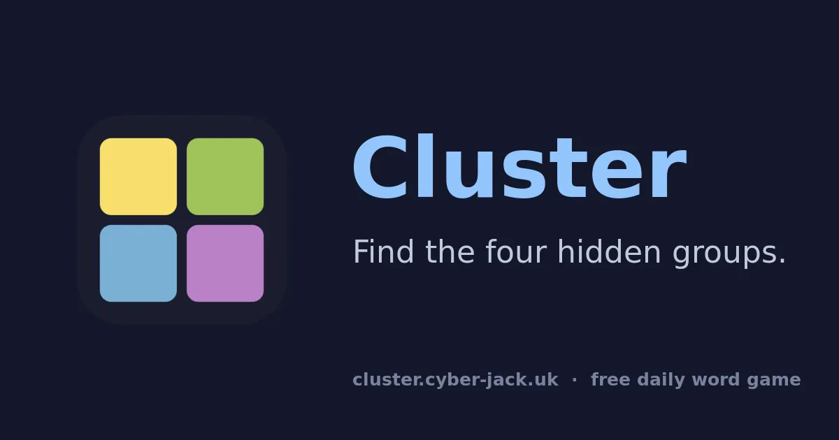 Cluster's own share card: four coloured tiles beside the name Cluster and 'Find the four hidden groups'