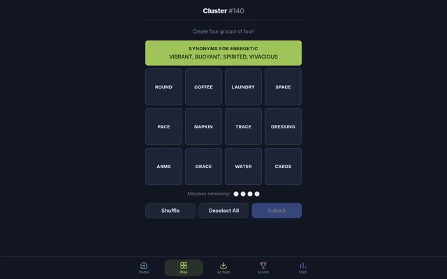Cluster #140 on 23 October 2026: the green group Synonyms for Energetic solved above twelve word tiles, with four mistakes remaining