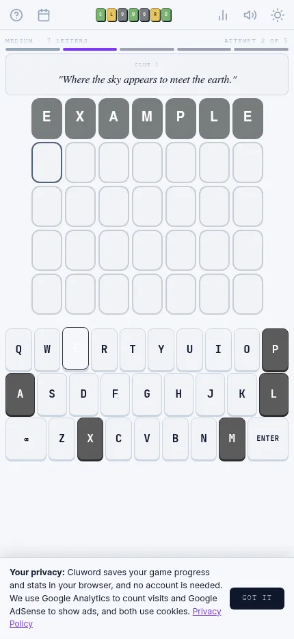 Cluword No. 166 at phone size: the cryptic clue, a seven-letter grid with one grey guess and the on-screen keyboard below it