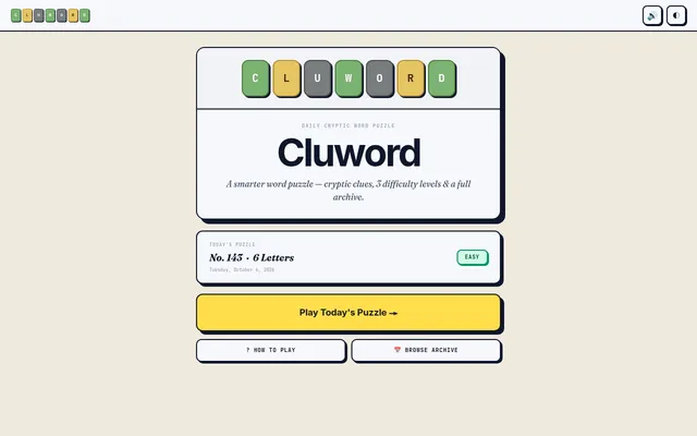 Cluword start page showing puzzle No. 143, six letters, Easy, with Play, How to play and Archive buttons