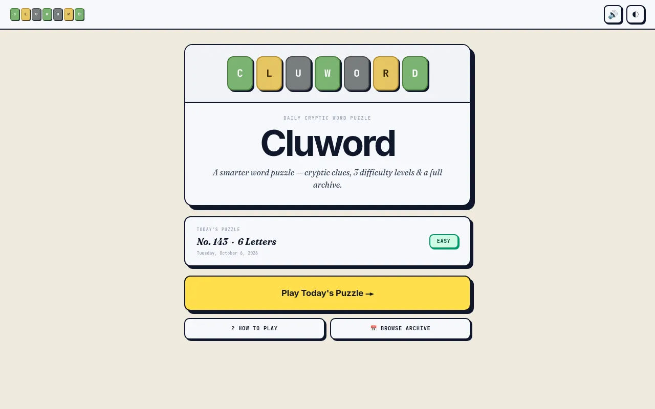 Cluword start page showing puzzle No. 143, six letters, Easy, with Play, How to play and Archive buttons