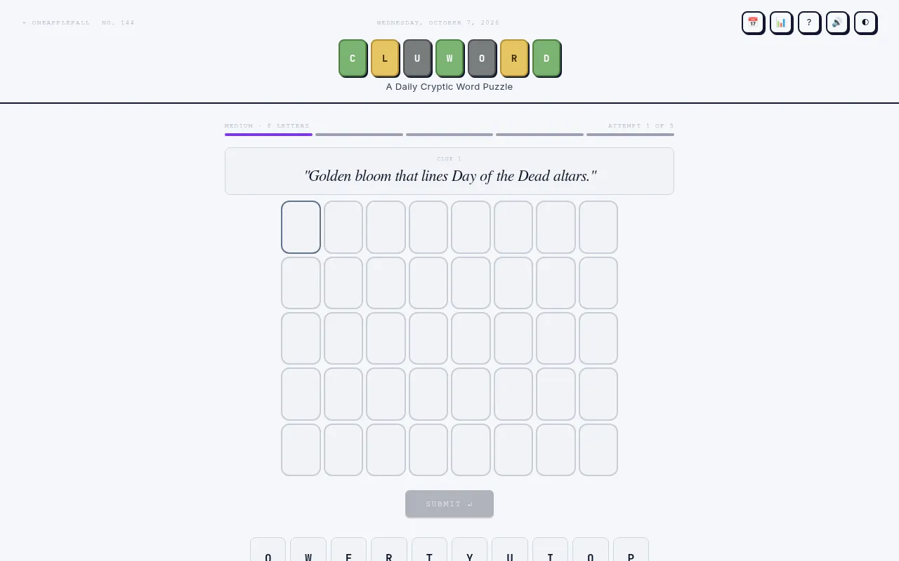 Cluword No. 144 for 7 October 2026, Medium, 8 letters: the first clue, Golden bloom that lines Day of the Dead altars, above an empty 8 by 5 guess grid and Submit