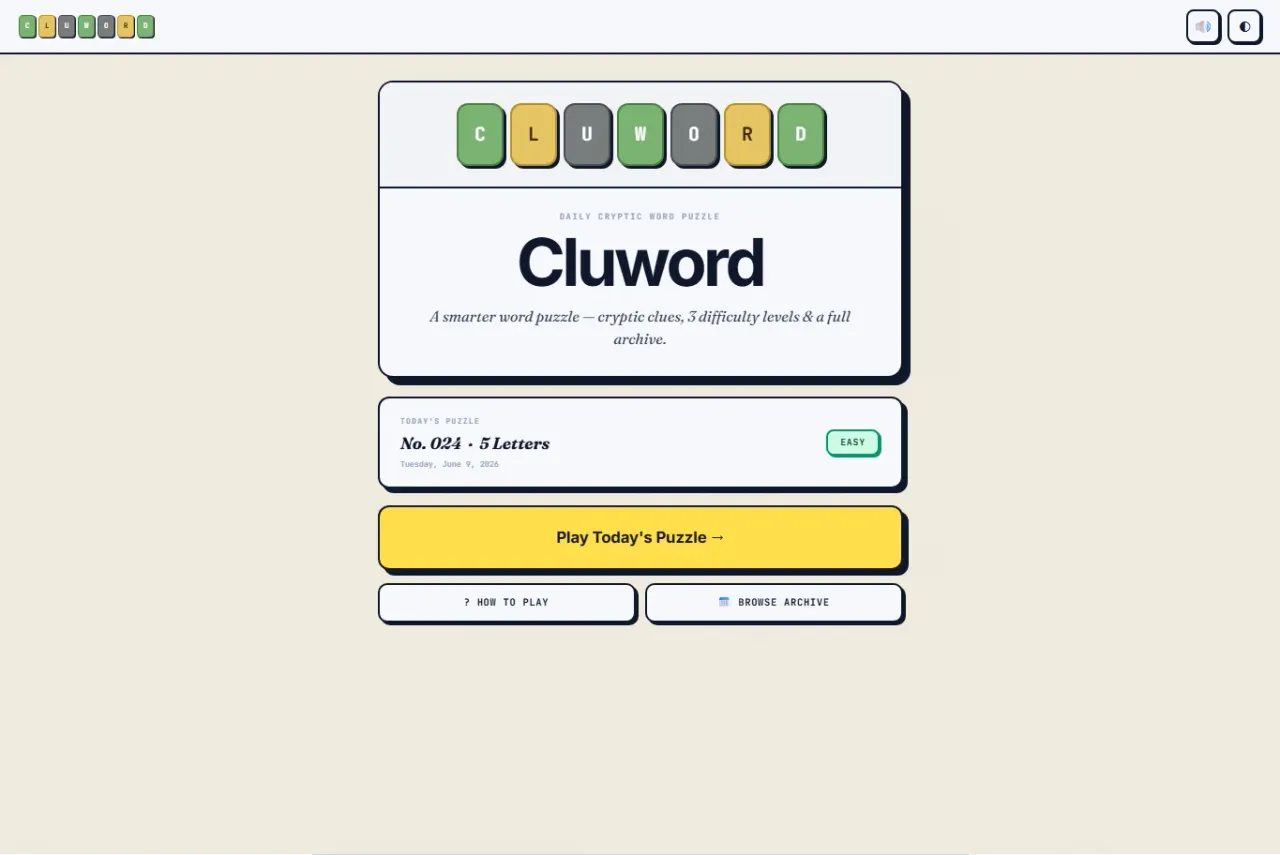 Cluword share card with its coloured letter-tile logo and the day's puzzle panel