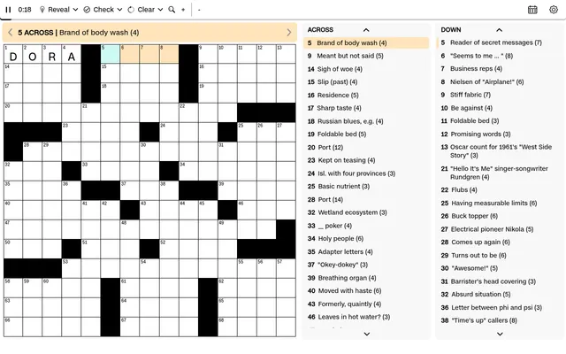 The CNN Daily Crossword grid with DORA at 1-Across, the clue Brand of body wash, the clue lists and the timer