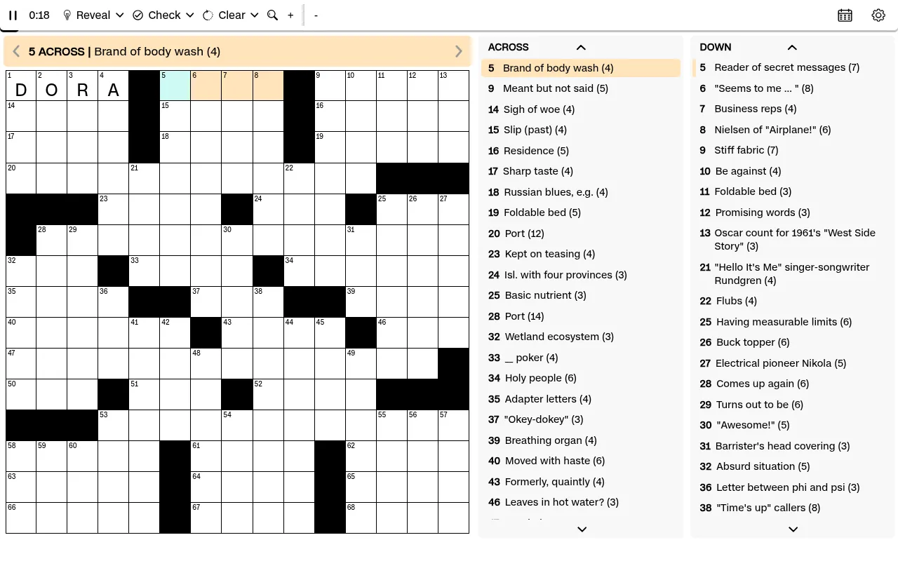 The CNN Daily Crossword grid with DORA at 1-Across, the clue Brand of body wash, the clue lists and the timer