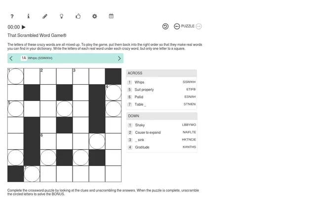 Monday 26 October 2026's Jumble Crossword: an empty 7 by 7 grid with circled squares beside Across and Down clues, each with its scrambled letters such as SSWIKH for Whips