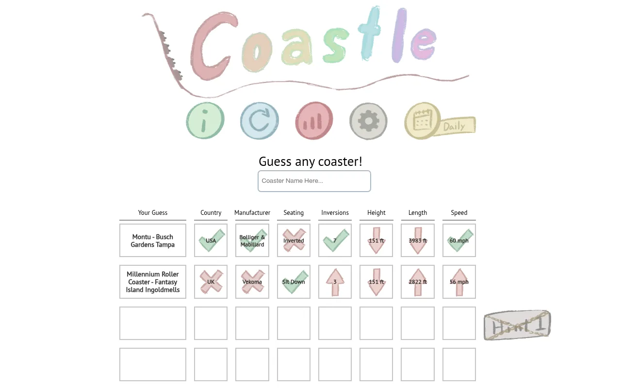 Coastle daily board after two guesses, Montu and Millennium Roller Coaster, with match, miss and higher or lower tiles for country, maker, seating, inversions, height, length and speed