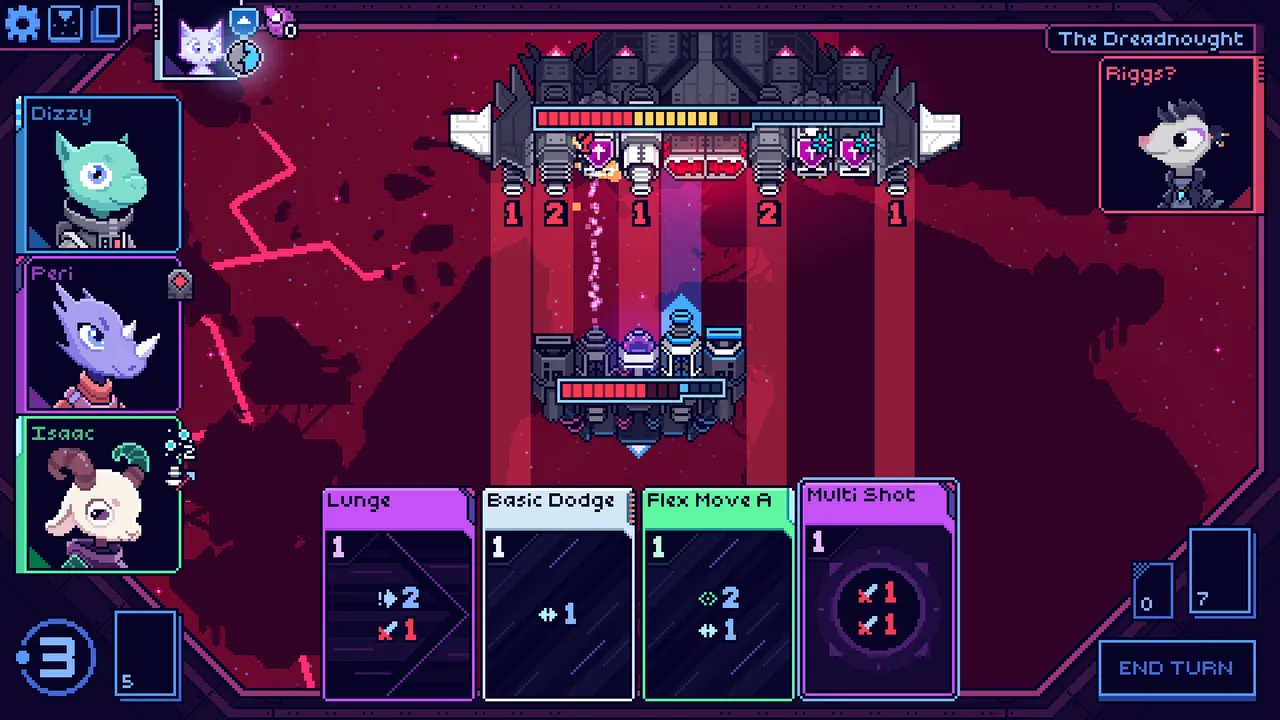 Cobalt Core battle: the player's ship faces the Dreadnought across columns, with crew portraits and a hand of cards