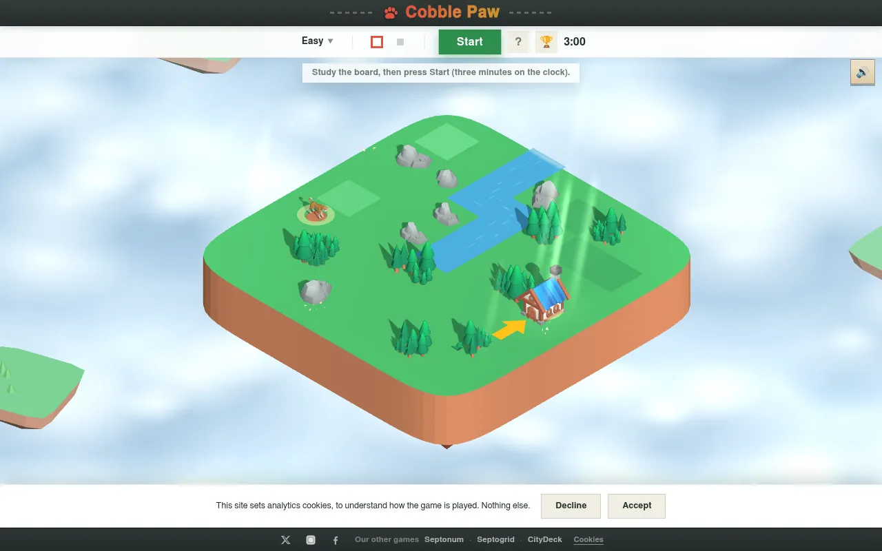 A Cobble Paw easy board: a grassy 3D island with the dog on one side, its house on the other, trees, rocks and a stream between, under the Start button and three-minute clock