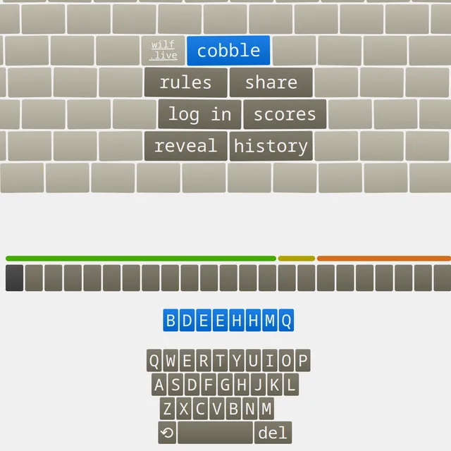 The Cobble game screen: the menu set into a stone wall, the green, yellow and orange score bar, the day's eight letters B D E E H H M Q in blue tiles and the on-screen keyboard