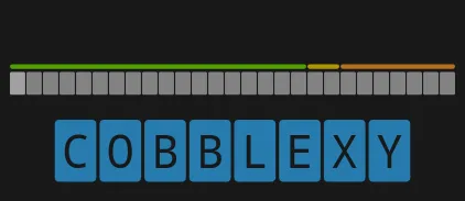 Blue Cobble letter tiles under a score bar of grey squares, with green, yellow and orange bands