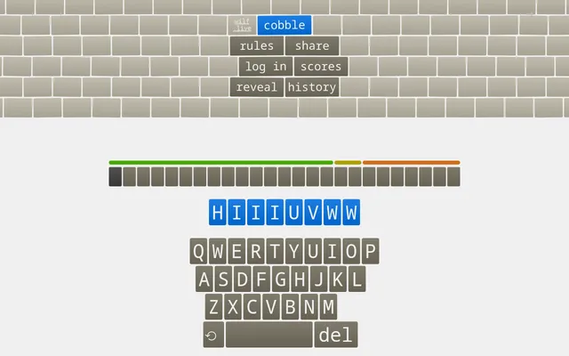 The Cobble game screen: the menu set into a stone wall, the green, yellow and orange score bar, the day's eight letters in blue tiles and the on-screen keyboard