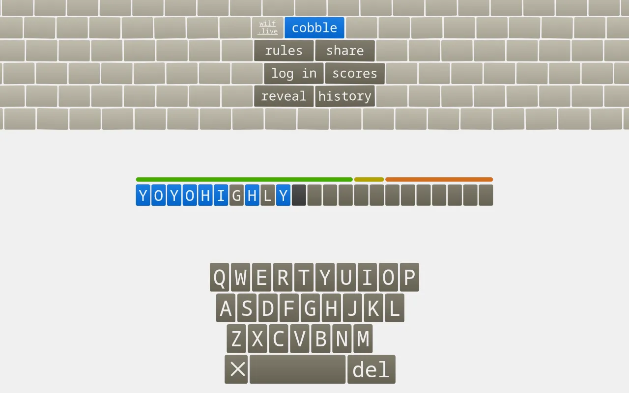 A Cobble answer being played: YOYO HIGHLY typed into the score bar, the day's letters lit blue and the extra G and L in grey, ten letters long inside the green band